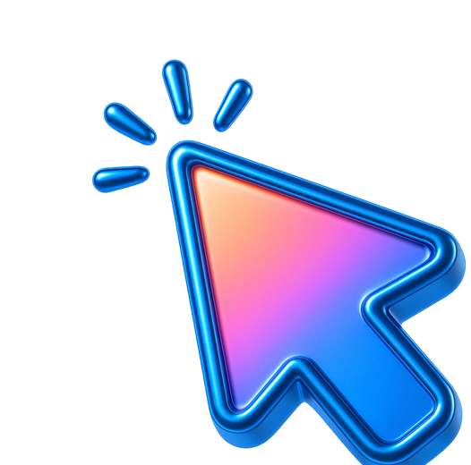 3D blue computer cursor with a pink and orange gradient center and four blue accent lines indicating a click.