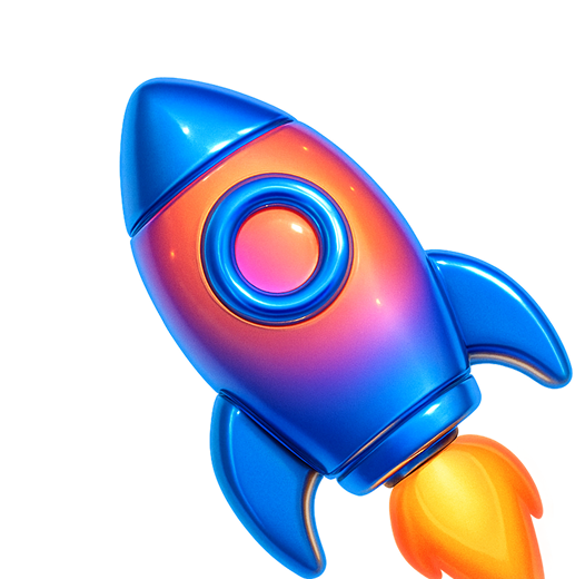 Colorful cartoon-style rocket with blue fins and orange-pink body launching with bright orange flame.