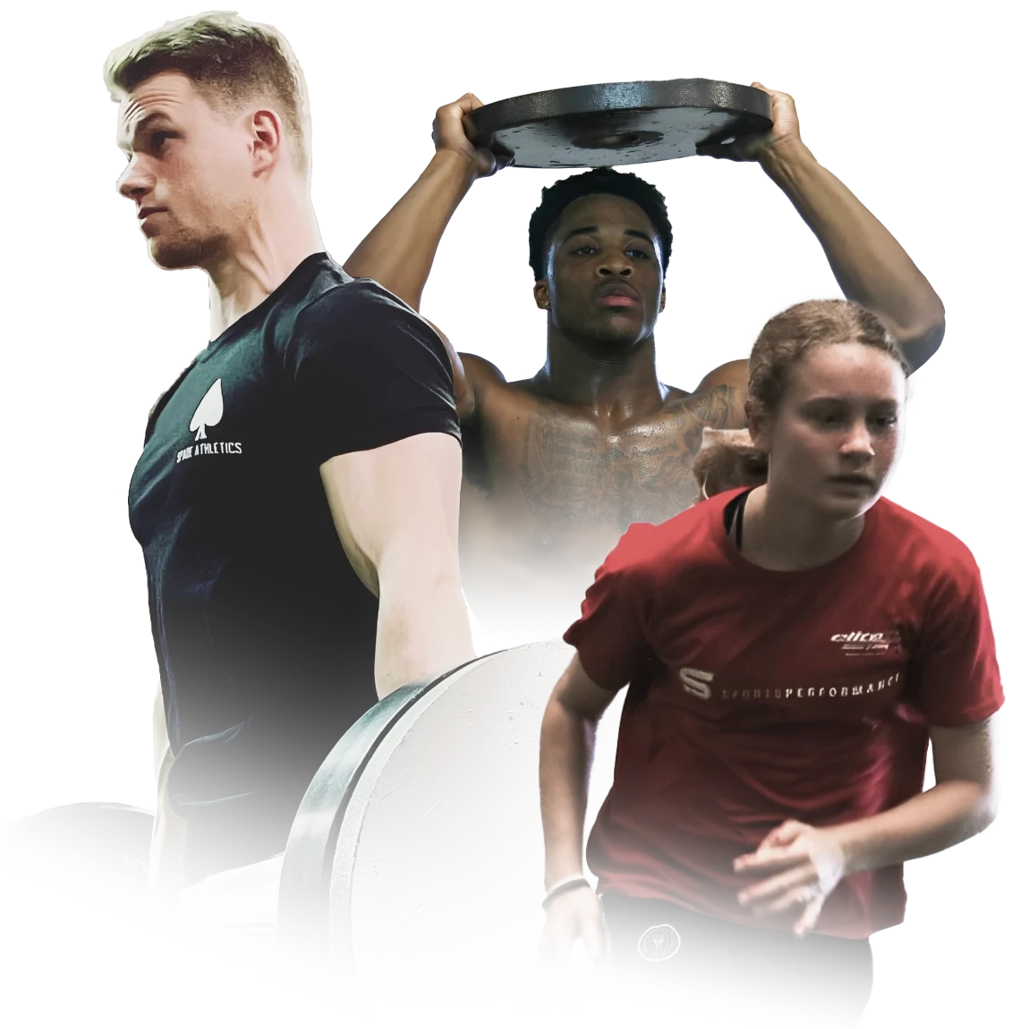 Collage of three athletes: a man in a black shirt lifting a weight plate, a shirtless man holding a weight plate above his head, and a woman in a red shirt running.