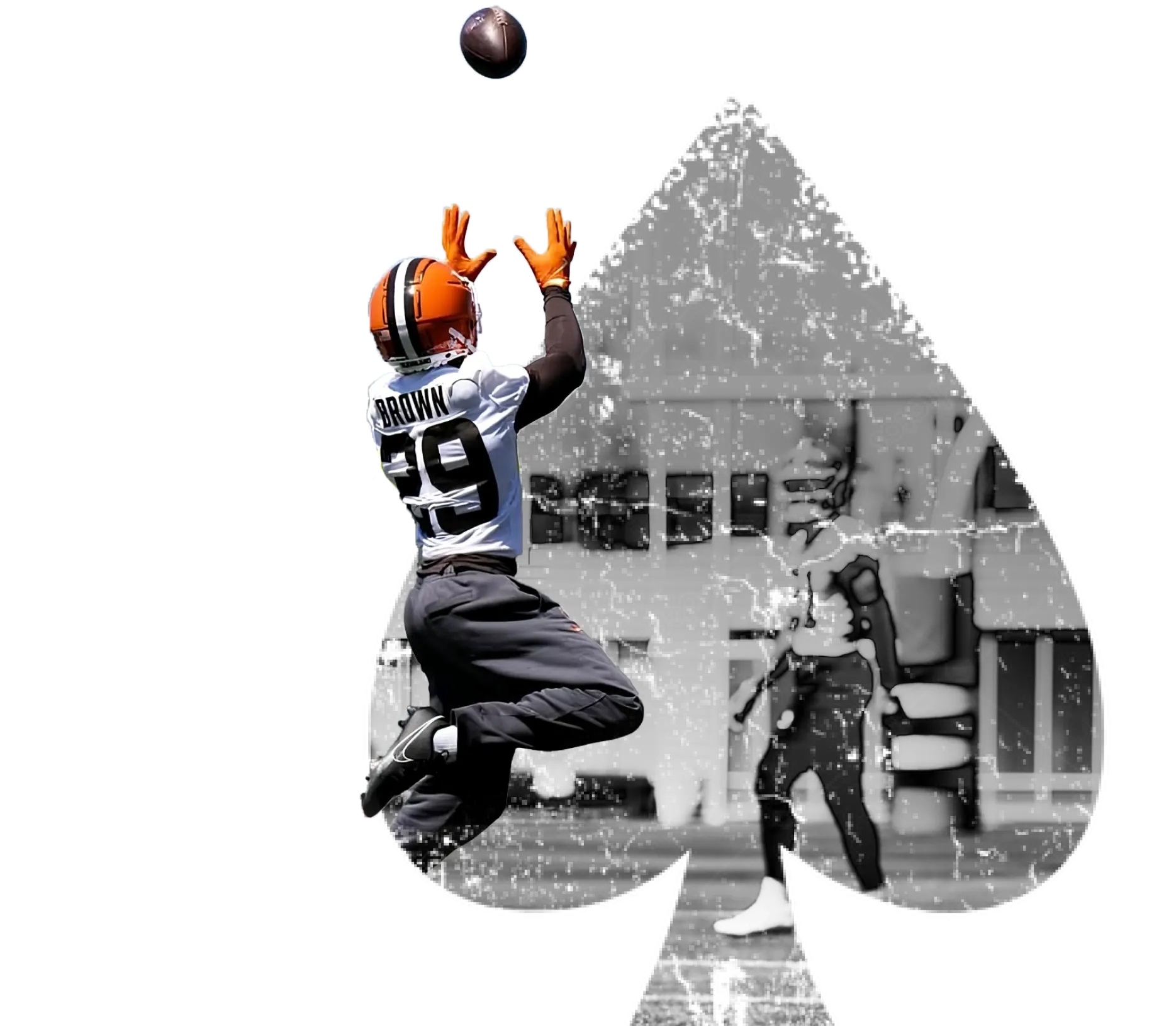 Football player wearing number 29 jersey and orange helmet jumps to catch a football with an outstretched pose inside a spade-shaped frame.