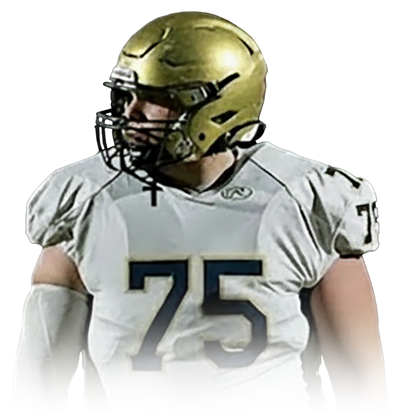 American football player wearing a gold helmet and white jersey with number 75.