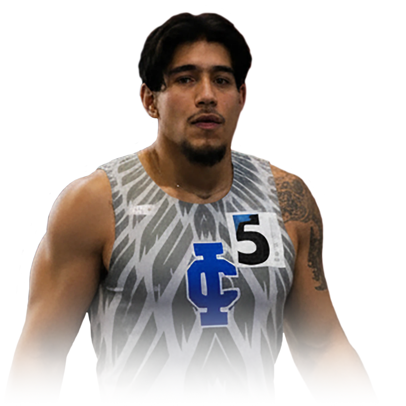 Athlete wearing a gray and white patterned sleeveless shirt with a blue IC logo and number 5 bib.