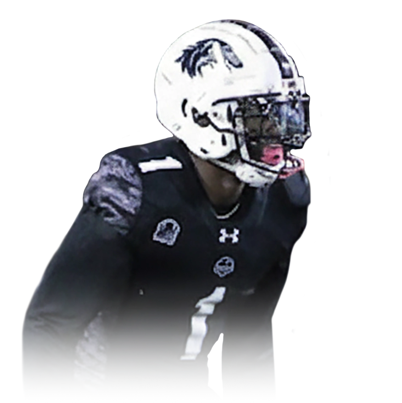 Football player wearing a black jersey with number 1 and a white helmet featuring a wolf logo.