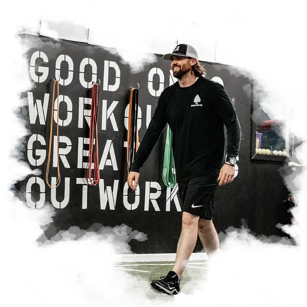 Inspirational “Good Work Today, Great Work Tomorrow” message displayed inside Spade Athletics facility.