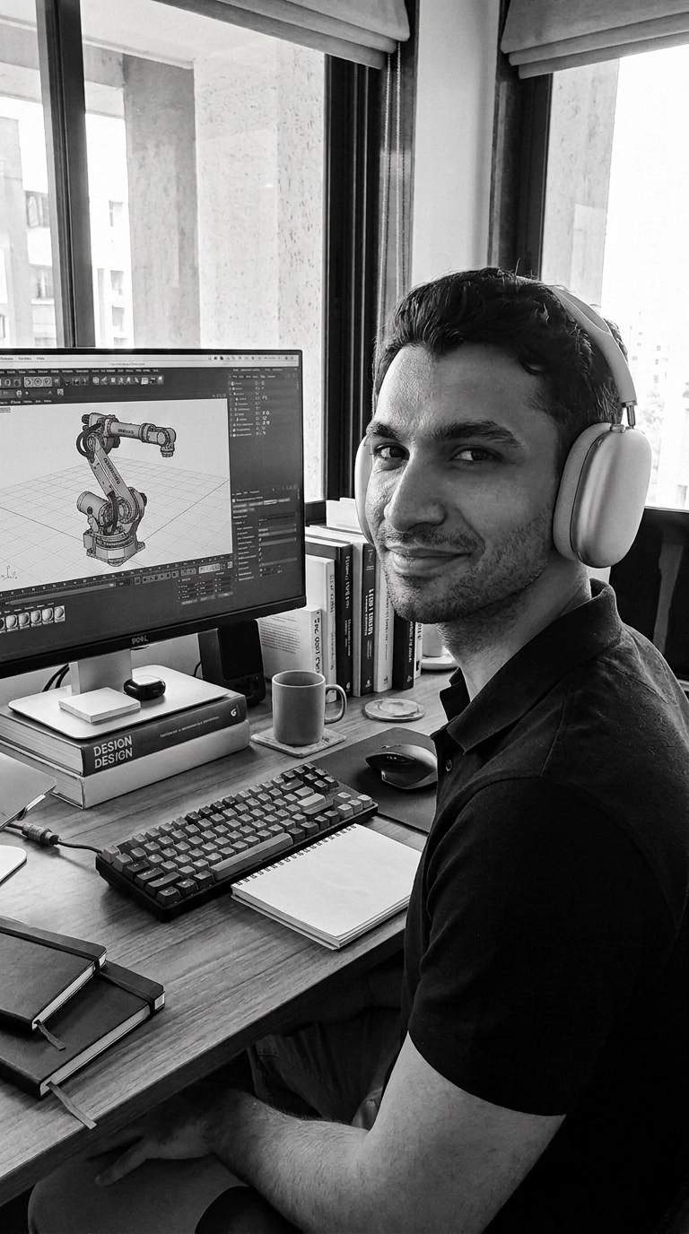 Man wearing headphones smiling at camera while sitting at a desk with computer displaying a 3D design of a dropper bottle.