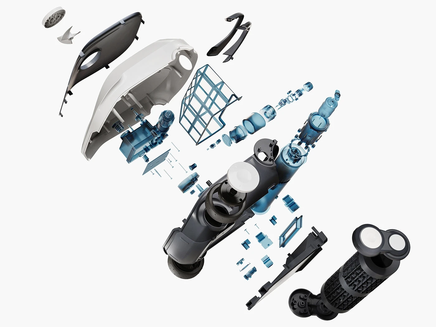Exploded view of an electric scooter showing all internal components and parts separated and arranged in order.