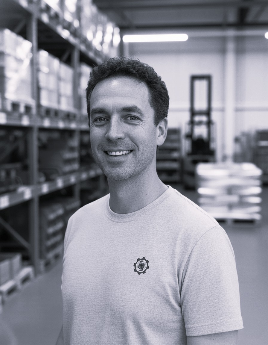 Portrait of a smiling man in a grey sweater with Global Trade Co. logo, standing in a modern office with shelves and a whiteboard.