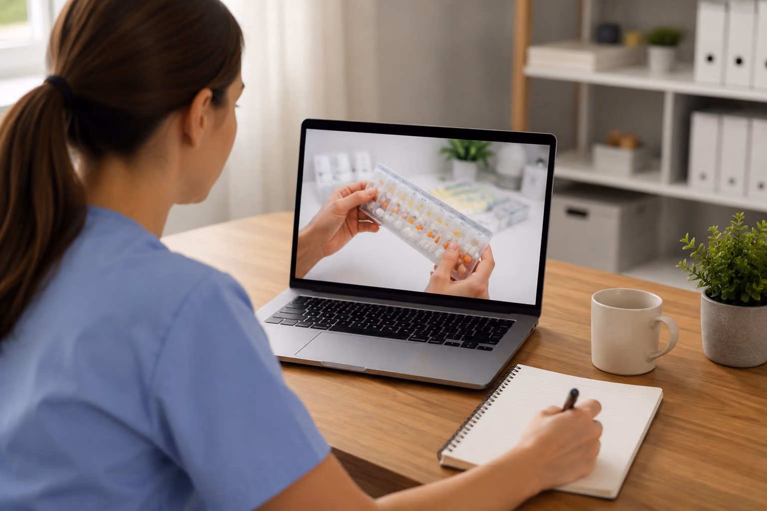 Pflegekraft absolviert eine kostenlose Online-Schulung des Blisterzentrums zur sicheren Arzneimittelversorgung und zum Umgang mit Schlauchblistern.