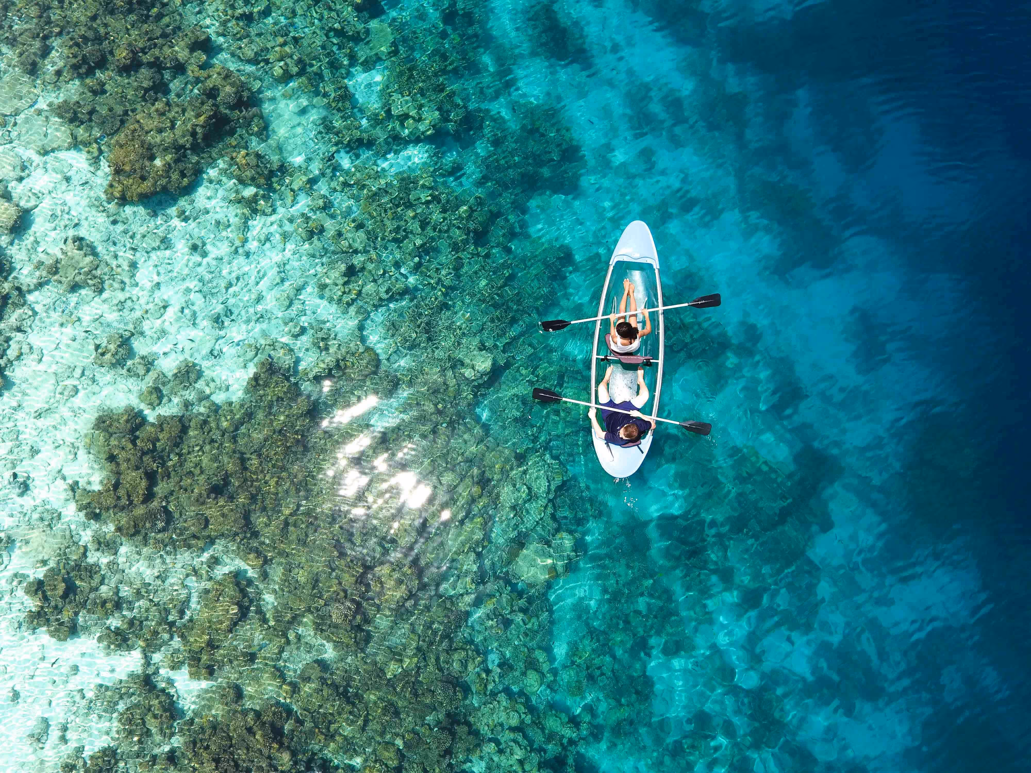 A traveler on vacation on a kayak in a tropical destination.