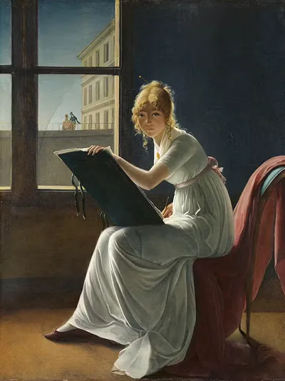 A young woman in a white dress sits on a chair near a window, holding a drawing board and looking towards the viewer.