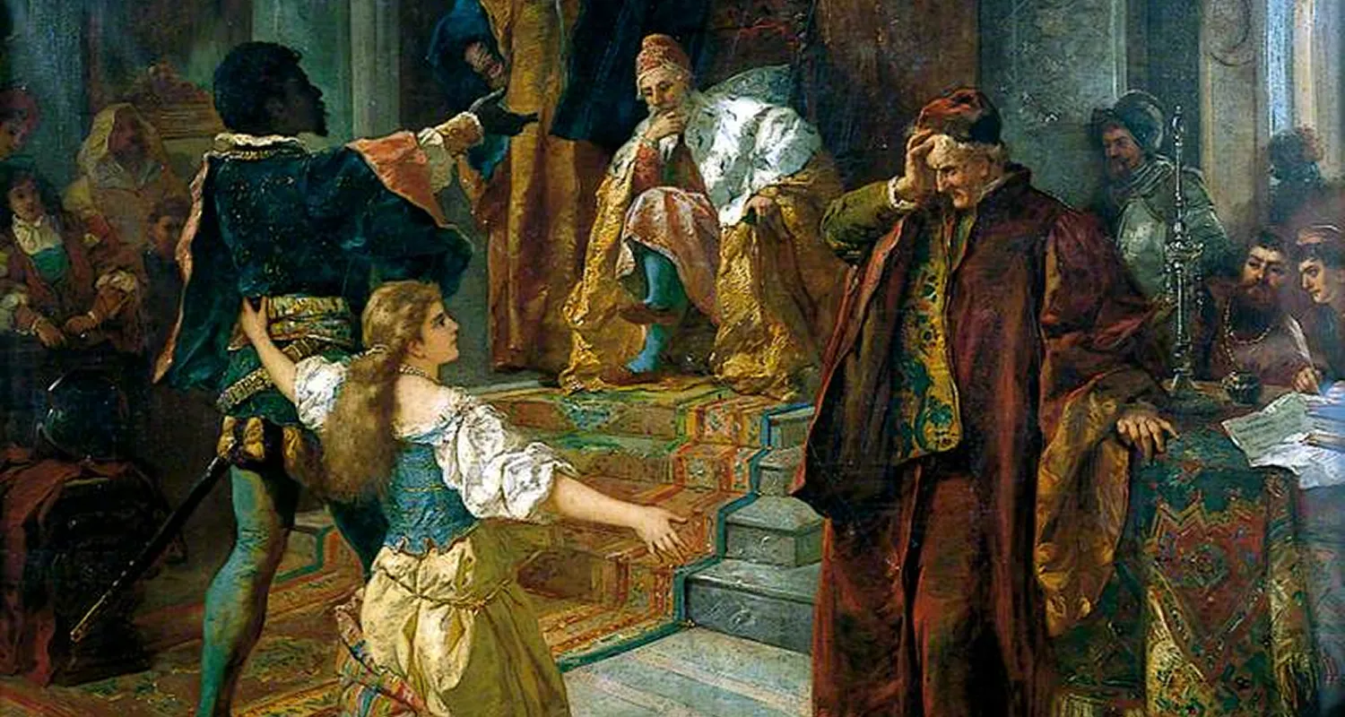 Historic painting depicting a young woman pleading before a seated monarch surrounded by courtiers and guards in a richly decorated palace interior.