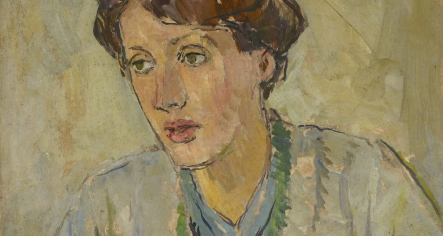 Portrait painting of a woman with short brown hair looking slightly to the side, wearing a blue garment with green and beige tones.