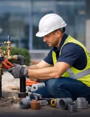 Construction worker wearing a white hard hat and yellow safety vest working on plumbing with tools outdoors.