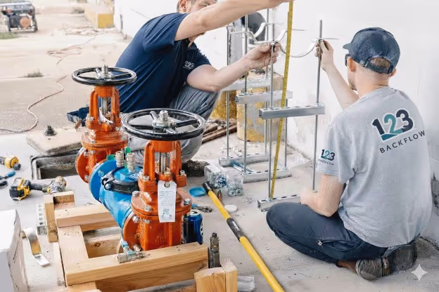 Two technicians installing and measuring pipes with valves at a construction site.