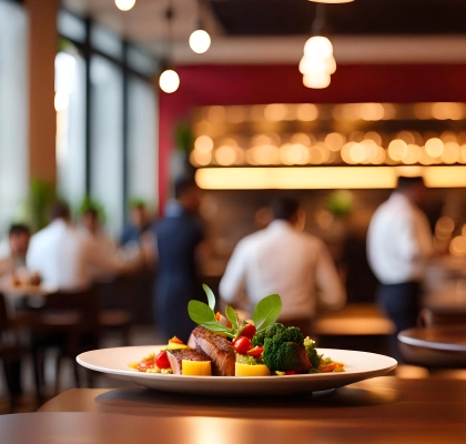 Plated gourmet meal with steak, vegetables, and garnish on a restaurant table with blurred diners in the background.