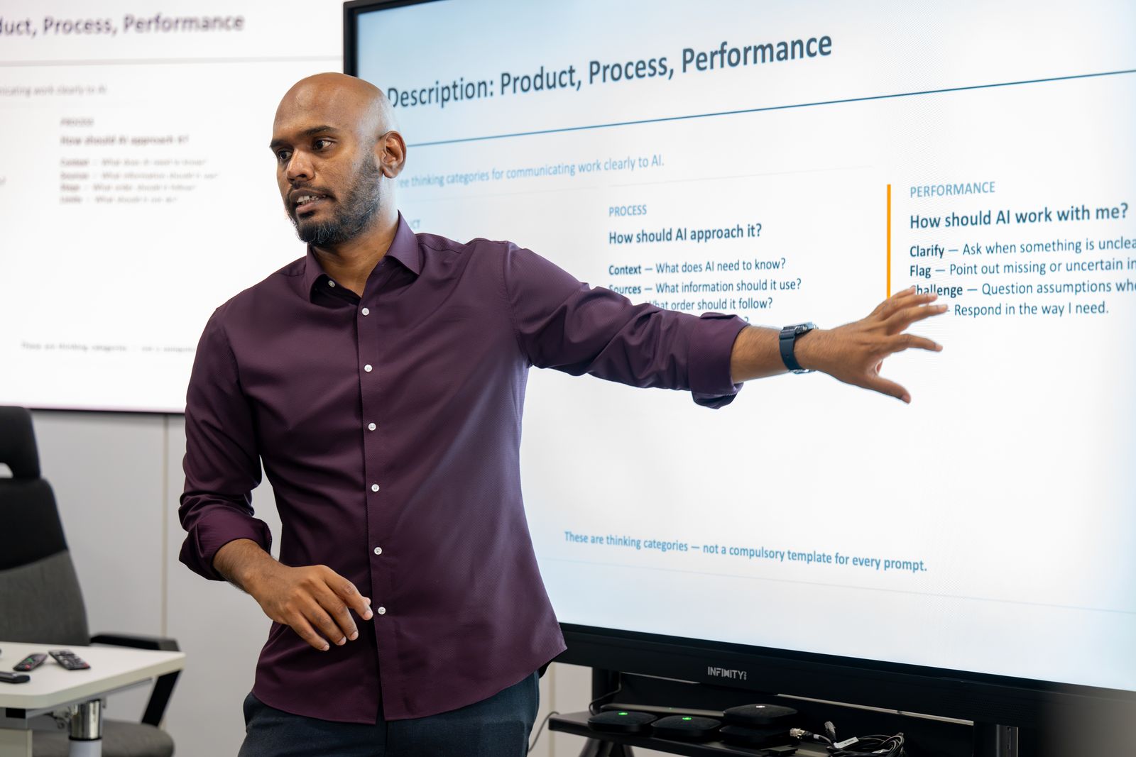 A trainer presenting a product, process and performance framework