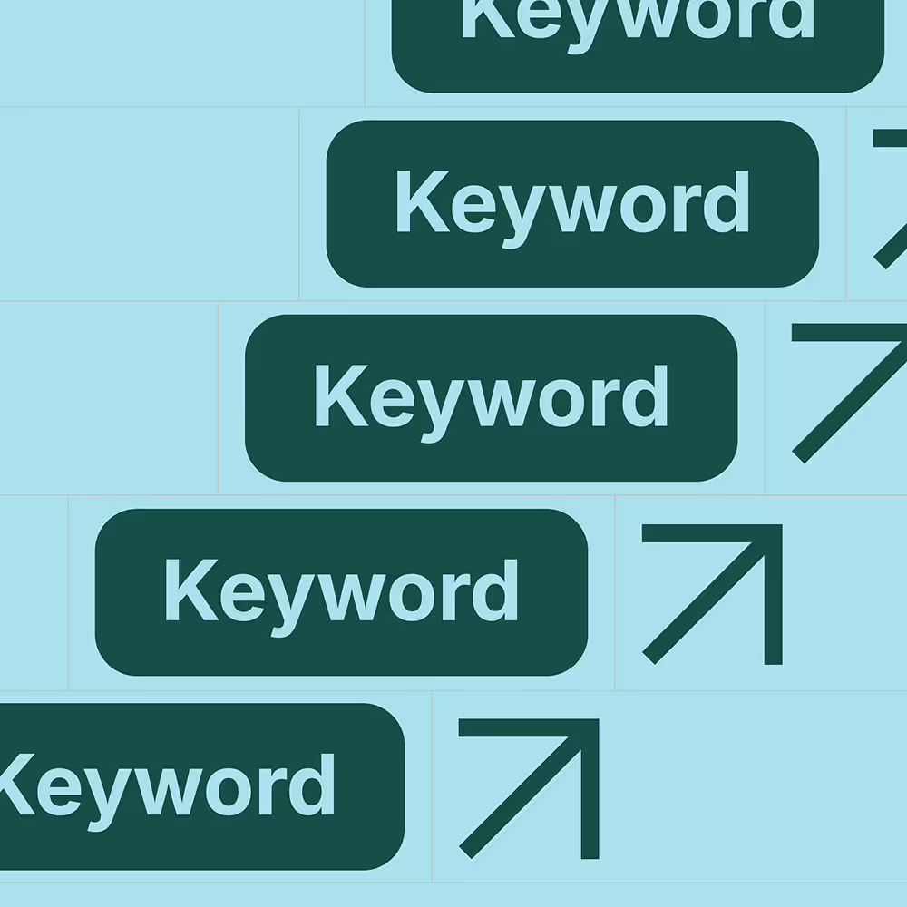 Dark green rounded rectangles with the word 'Keyword' on a light teal background, accompanied by upward-right arrows.