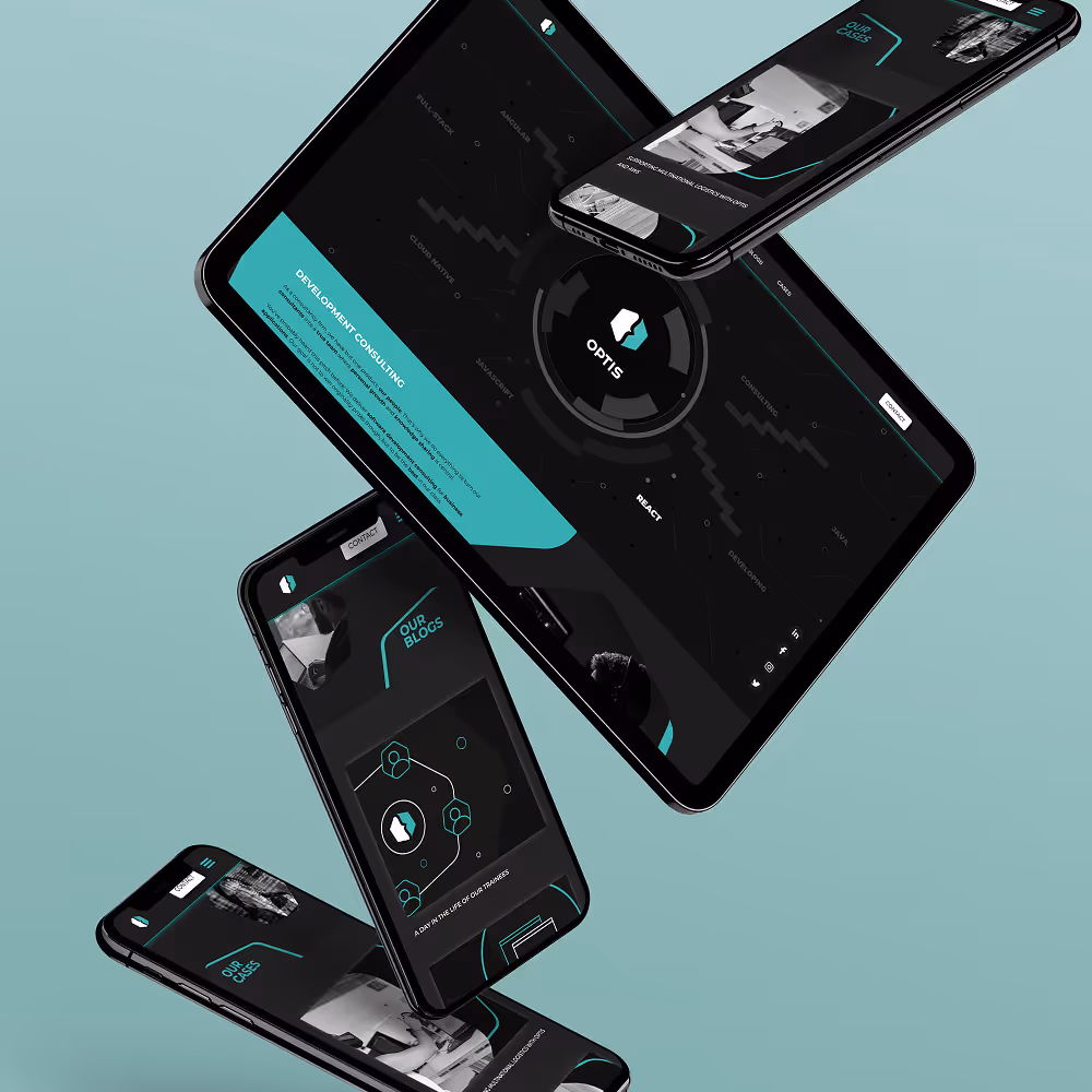 Floating digital devices displaying a dark-themed website with 'OPTIS' branding and sections like Development Consulting, Our Blogs, and Our Cases.