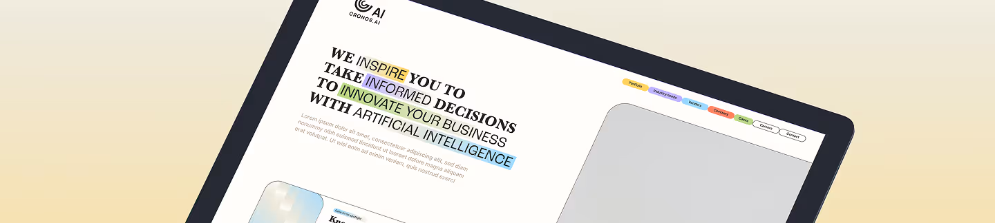 Partial view of a digital tablet displaying a website with the text 'We inspire you to take informed decisions to innovate your business with artificial intelligence' and colorful highlighted words.