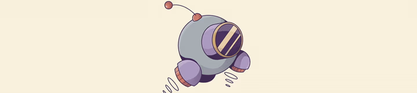 Cartoon-style small purple and gray robot with antennae, round body, and spring-like legs floating against a light background.