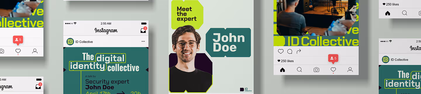 Instagram post design featuring a smiling man with glasses labeled 'John Doe' as a security expert for The Digital Identity Collective event.