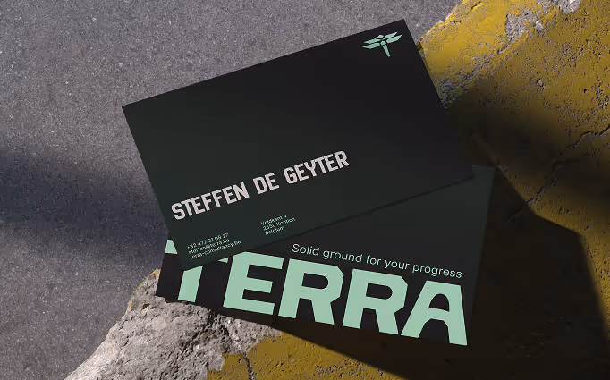 Two black business cards on textured ground, one with the name Steffen De Geyter and contact details, the other displaying 'TERRA' in large mint-green letters with the slogan 'Solid ground for your progress.'