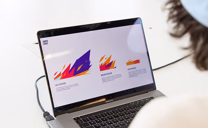 Person wearing a mask looking at a MacBook Pro screen displaying colorful abstract shapes labeled 'Asset Levels' with headings 'High Expression,' 'Medium Expression,' and 'Low Expression.'