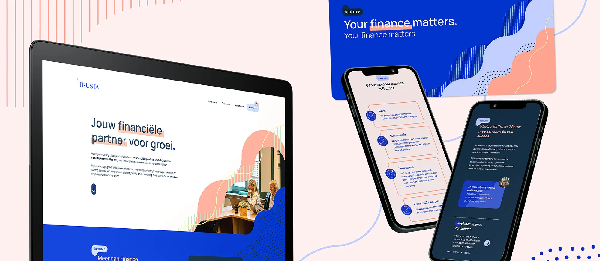 Website and mobile app interface showcasing Trusta's financial consulting services in Dutch, displayed on a tablet and two smartphones.