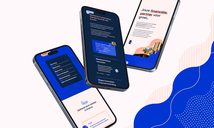 Three smartphones displaying a Dutch finance consulting website with blue and white themed sections and text about finance services.