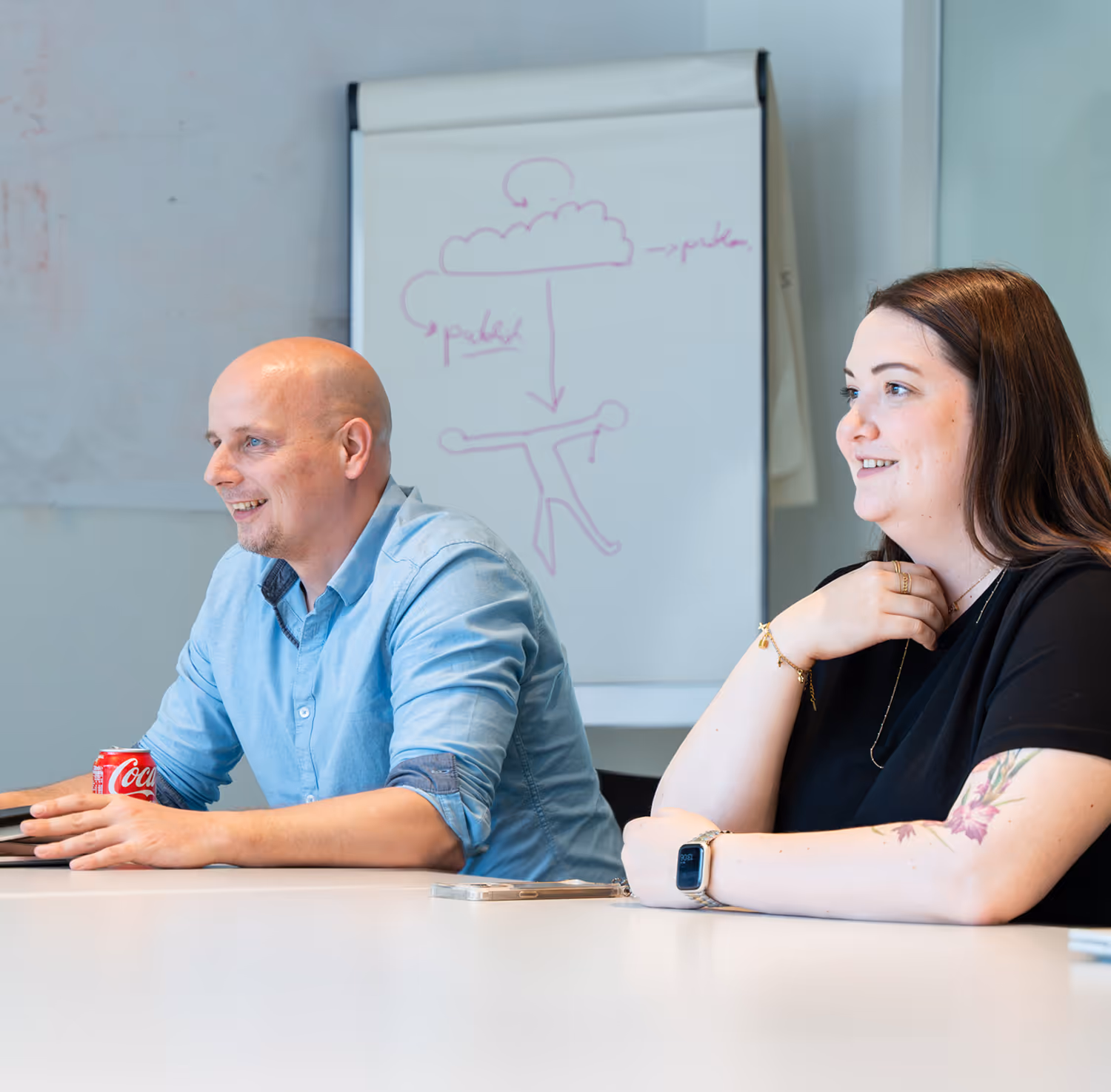 Two people sitting at a table in a meeting room with a flip chart behind them showing a drawing of a cloud and a person.