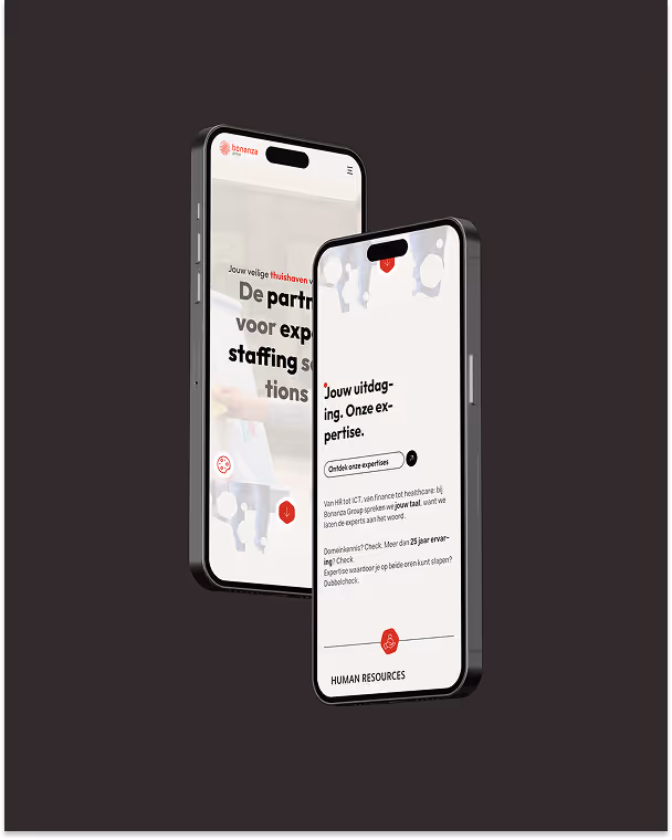 Two black smartphones displaying a Dutch language staffing and expertise website with text about human resources on a dark background.