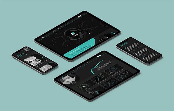 Two tablets and two smartphones displaying dark-themed interfaces with charts, text, and icons on a light blue background.