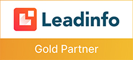 Leadinfo Gold Partner logo with red icon and text on white and gold background.