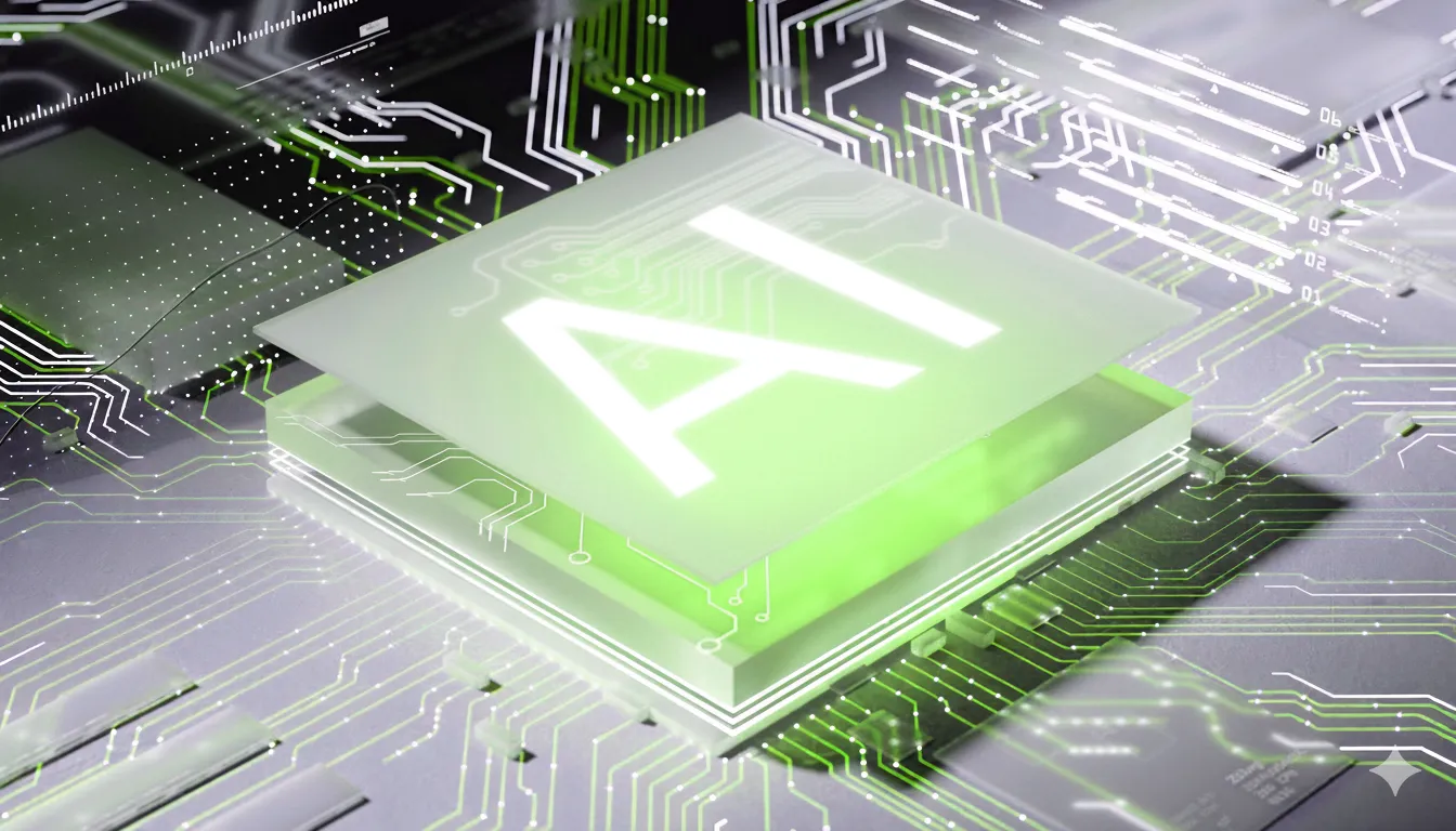 Representación visual de un microchip iluminado en verde con la palabra 'AI' sobre él, mostrando circuitos electrónicos brillantes alrededor en un fondo oscuro.