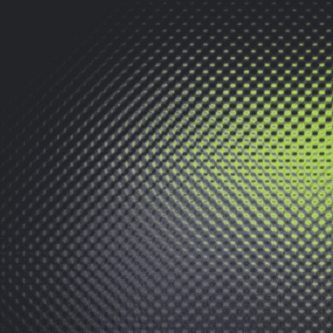 Patrón abstracto de puntos concéntricos en tonos verdes y oscuros sobre un fondo negro, creando un efecto visual de profundidad y textura.