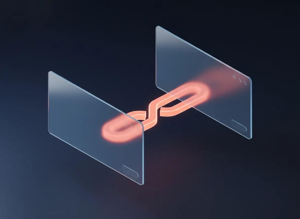 Representación digital de dos pantallas transparentes conectadas por un eslabón de cadena luminoso de color naranja, simbolizando la conexión digital o enlace entre dispositivos.