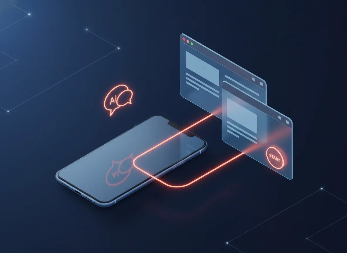 Ilustración de un teléfono inteligente conectado con líneas de luz a dos ventanas de navegador en un fondo oscuro, mostrando elementos de interfaz y un ícono de conversación con 'AI', simbolizando la interacción con inteligencia artificial y aplicaciones digitales.