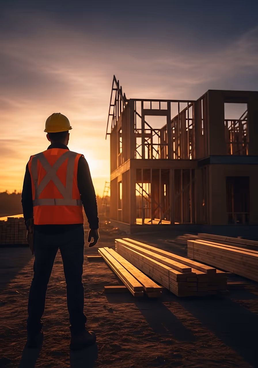 Un ouvrier en casque et gilet orange regarde un bâtiment en construction en bois au coucher du soleil.