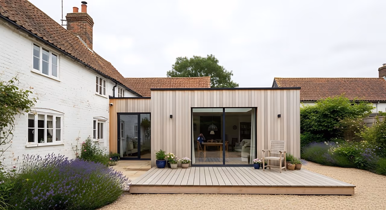 Extension moderne en bois claire avec grandes baies vitrées attenante à une maison traditionnelle en briques peintes en blanc, entourée d'un jardin avec lavande.