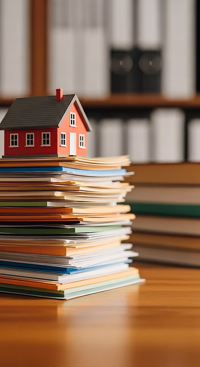 Maquette de maison rouge posée sur une pile de dossiers colorés sur une table en bois, avec des étagères remplies de classeurs en arrière-plan.