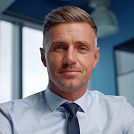 Smiling business man having online conversation open space