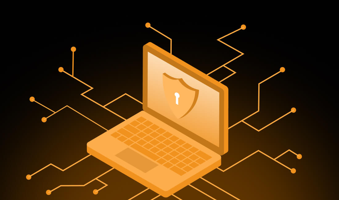 Orange laptop with a shield and keyhole icon on the screen surrounded by connected circuit lines on a dark background.