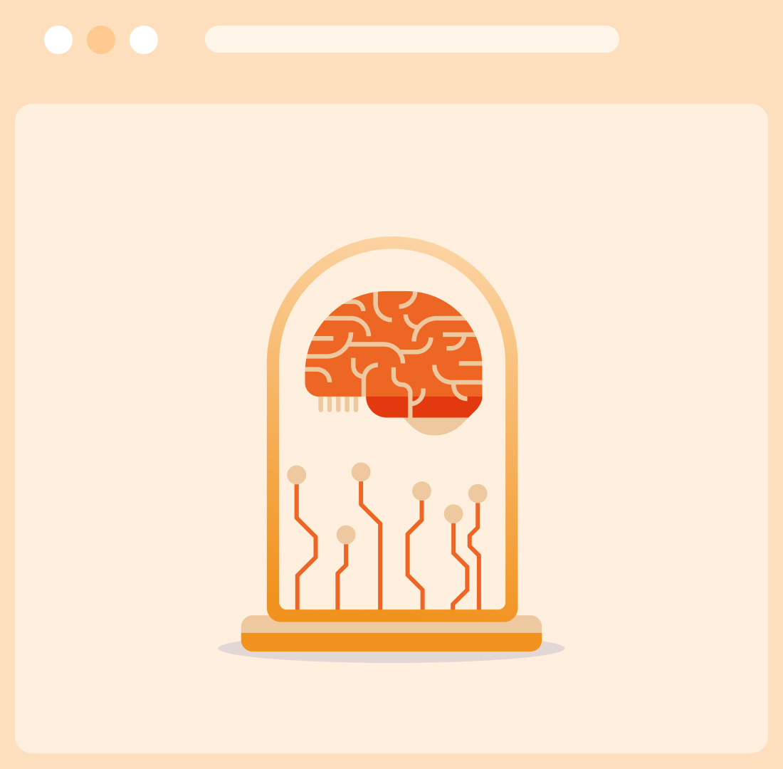 Illustration of a brain inside a glass dome connected to circuit-like lines on an orange background.