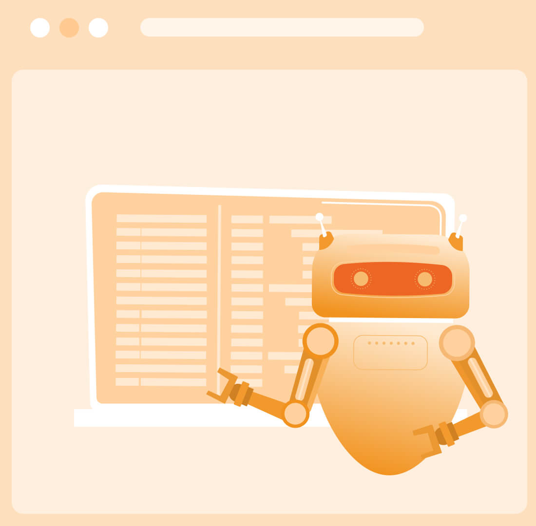 Orange robot pointing at a laptop screen displaying lines of code in a stylized browser window.