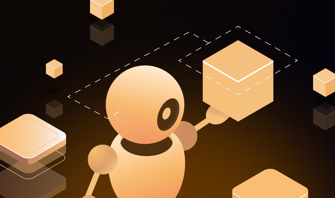 Abstract robot figure interacting with floating cubes on a dark gradient background.
