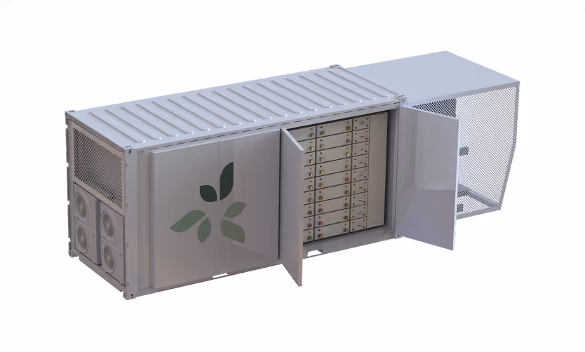 Grey rectangular industrial battery energy storage system unit with ventilation fans and open doors revealing internal battery modules.