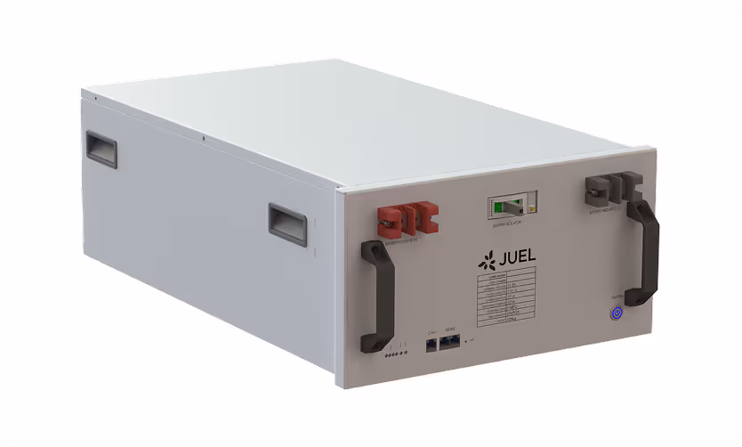 Rectangular industrial battery or power storage unit with two black handles and JUEL branding on the front panel.