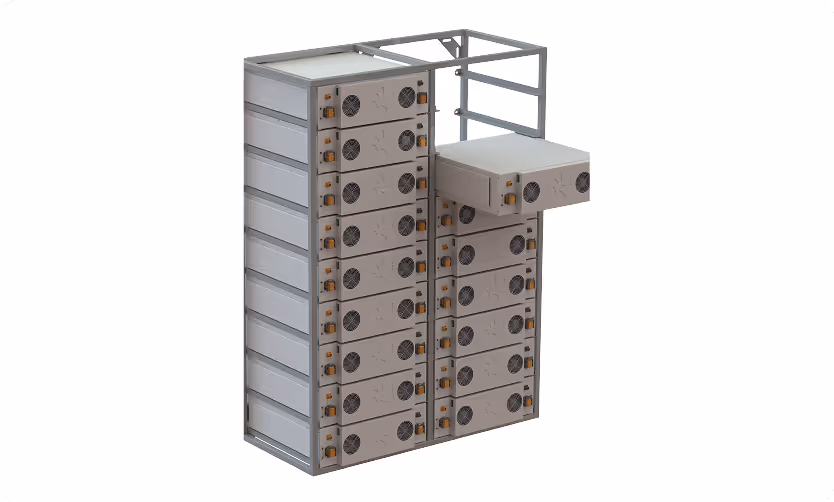 Two vertical stacks of grey electronic device units with cooling fans arranged in a metal frame.