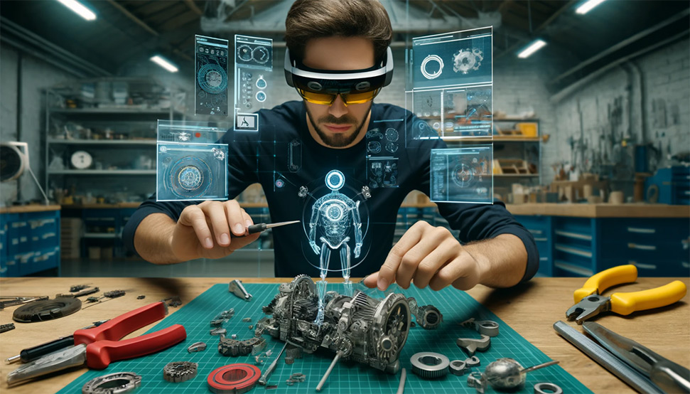 Person building a complex mechanical device while being guided by virtual instructions through mixed reality