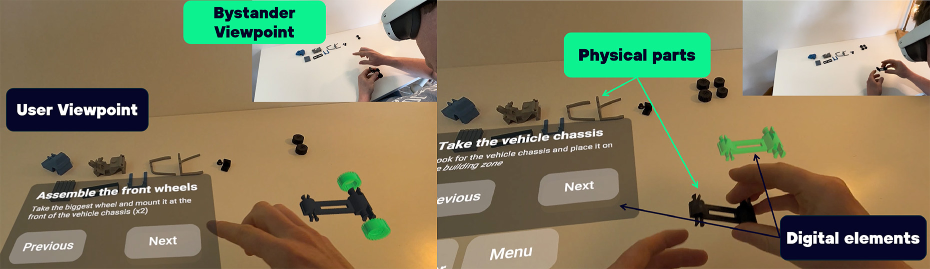 2 side-by-side images. The first image shows the difference in what the users sees with their headset on versus what other people see. The second image explains which elements in the picture are physical and which are digitally added